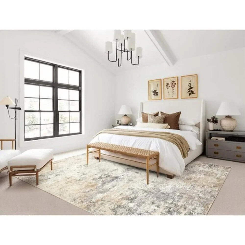 New 5x7 Golden Grey Area Rug, Washable Modern Abstract Soft Non-Slip Carpet